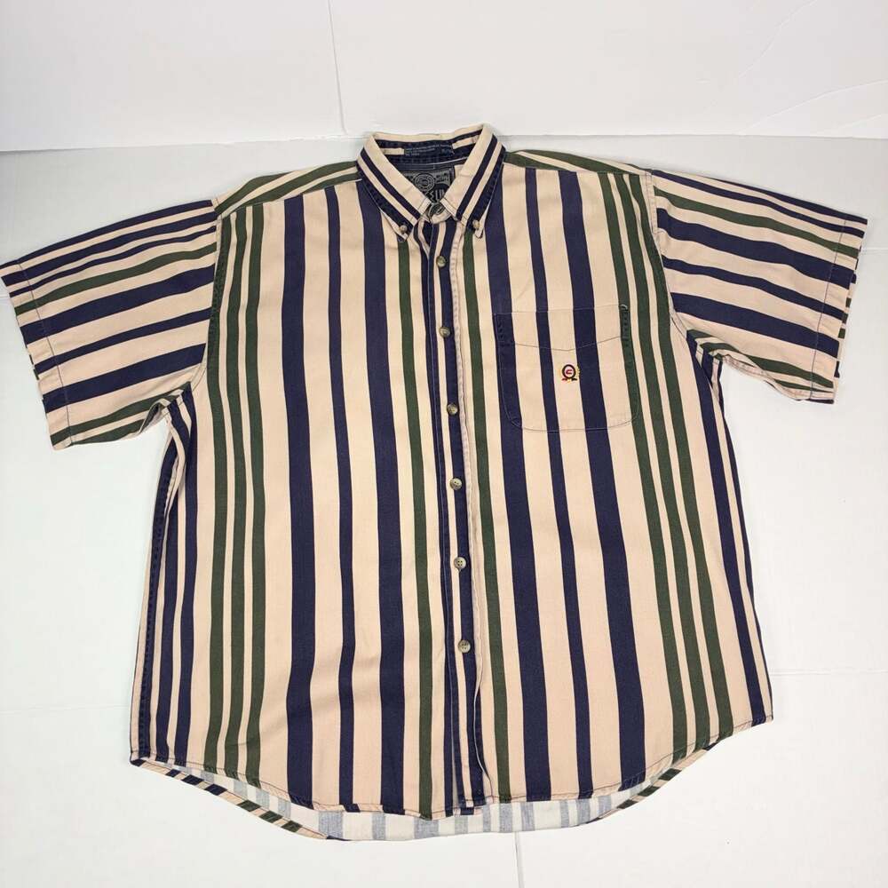 Vintage 90s Coliseum Striped Tan Blue Green Button-Up Men Dad Skate Shirt Xl